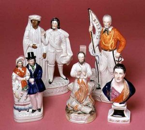 Staffordshire figürleri Sir Robert Peel, Başpiskopos Cranmer, Othello ve Iago, Kraliçe Victoria ve Prens Albert ve Liberty by English School